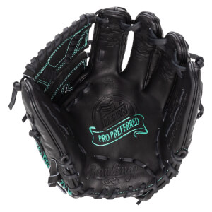 Top-down view of a black Rawlings Pro Preferred baseball glove with teal stitching and embossed logos.