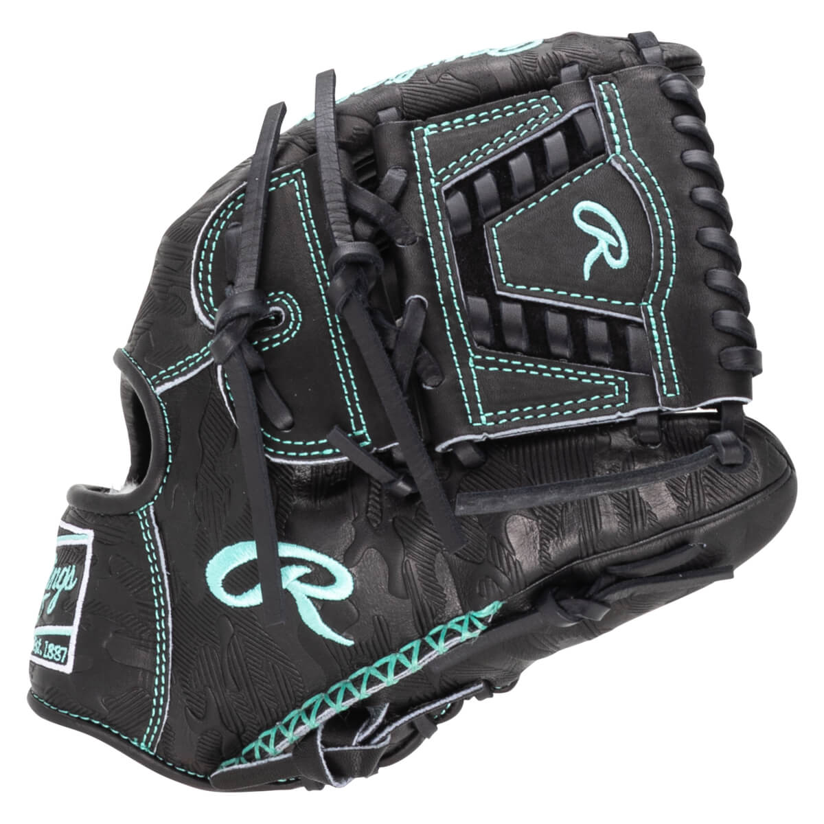Front view of a black Rawlings baseball glove with teal stitching and a teal "R" logo.