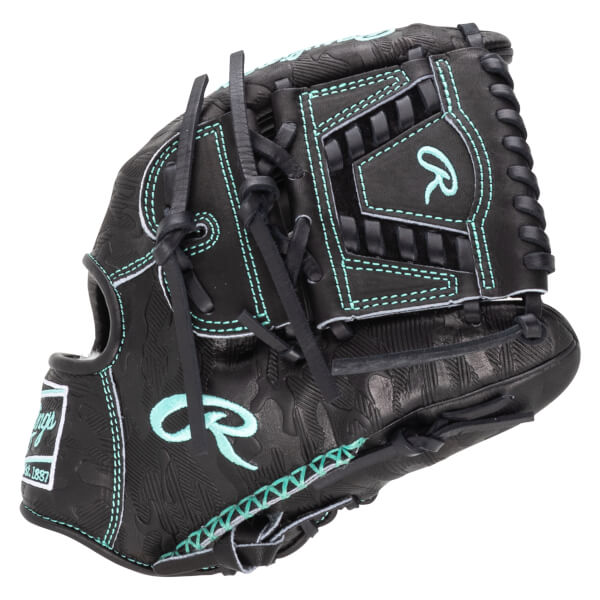 Front view of a black Rawlings baseball glove with teal stitching and a teal "R" logo.