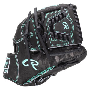 Front view of a black Rawlings baseball glove with teal stitching and a teal "R" logo.