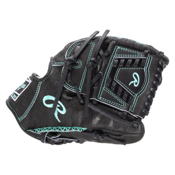 Top-down view of a black baseball glove with teal stitching and a teal "R" logo.