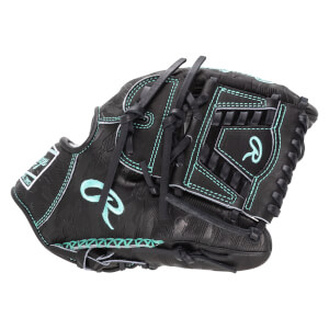 Top-down view of a black baseball glove with teal stitching and a teal "R" logo.