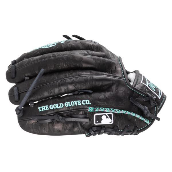 Side view of a black baseball glove with embossed pattern, "THE GOLD GLOVE CO." text, and MLB logo.