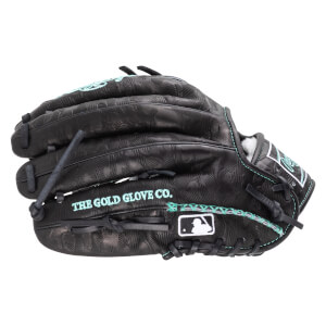 Side view of a black baseball glove with embossed pattern, "THE GOLD GLOVE CO." text, and MLB logo.