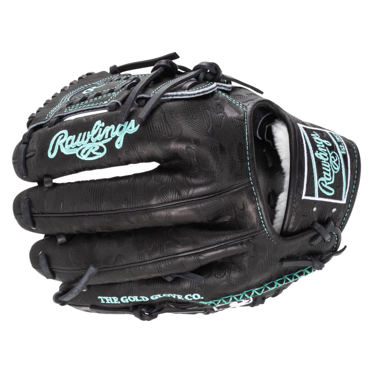 Front view of a black Rawlings baseball glove with teal stitching and "THE GOLD GLOVE CO." text.