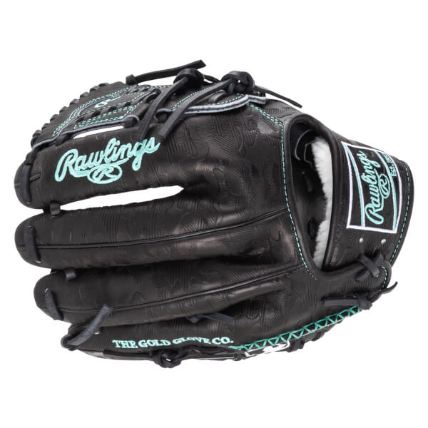 Front view of a black Rawlings baseball glove with teal stitching and "THE GOLD GLOVE CO." text.