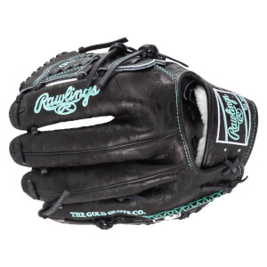 Front view of a black Rawlings baseball glove with teal stitching and "THE GOLD GLOVE CO." text.