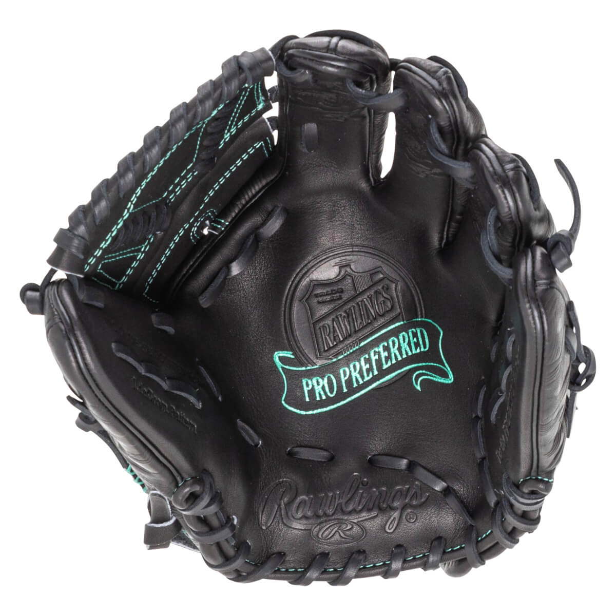 Top-down view of a black Rawlings Pro Preferred baseball glove with teal stitching and embossed logos.