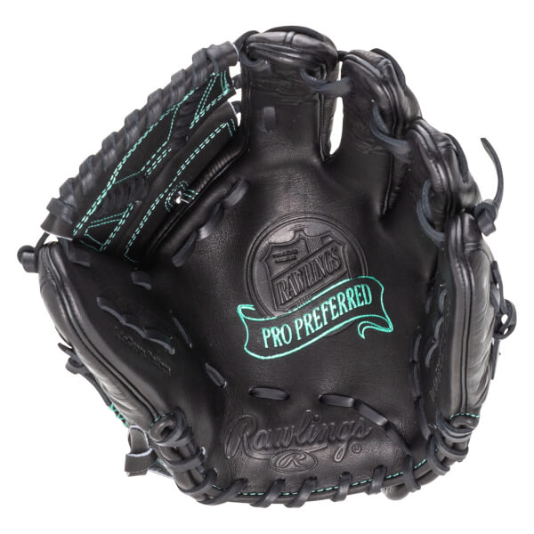 Top-down view of a black Rawlings Pro Preferred baseball glove with teal stitching and embossed logos.