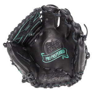 Top-down view of a black Rawlings Pro Preferred baseball glove with teal stitching and embossed logos.