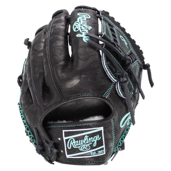 Front view of a black Rawlings baseball glove with teal stitching and a textured pattern.