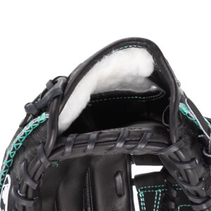 Close-up of a black baseball glove showing the padded interior, teal stitching, and leather lacing.