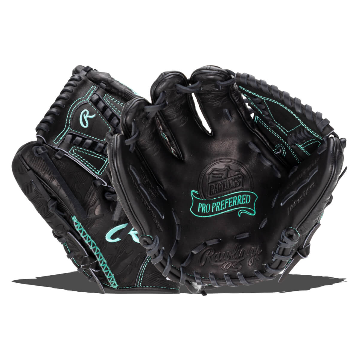 Front view of a black Rawlings Pro Preferred baseball glove with teal stitching and embossed logos.