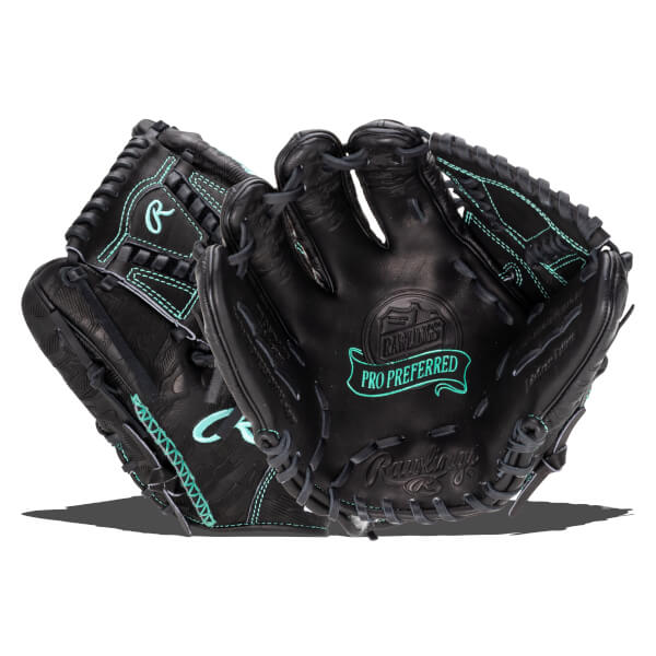 Front view of a black Rawlings Pro Preferred baseball glove with teal stitching and embossed logos.