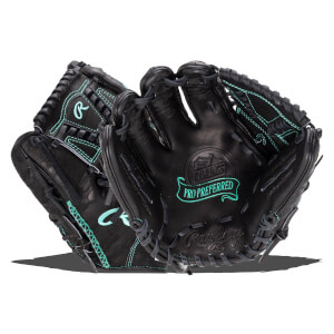 Front view of a black Rawlings Pro Preferred baseball glove with teal stitching and embossed logos.