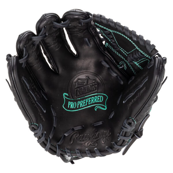 Top-down view of a black Rawlings Pro Preferred baseball glove with teal stitching and embossed logos.