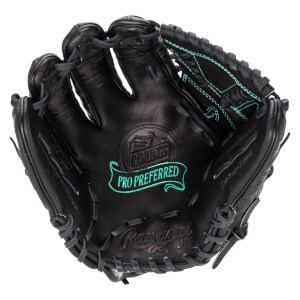 Top-down view of a black Rawlings Pro Preferred baseball glove with teal stitching and embossed logos.