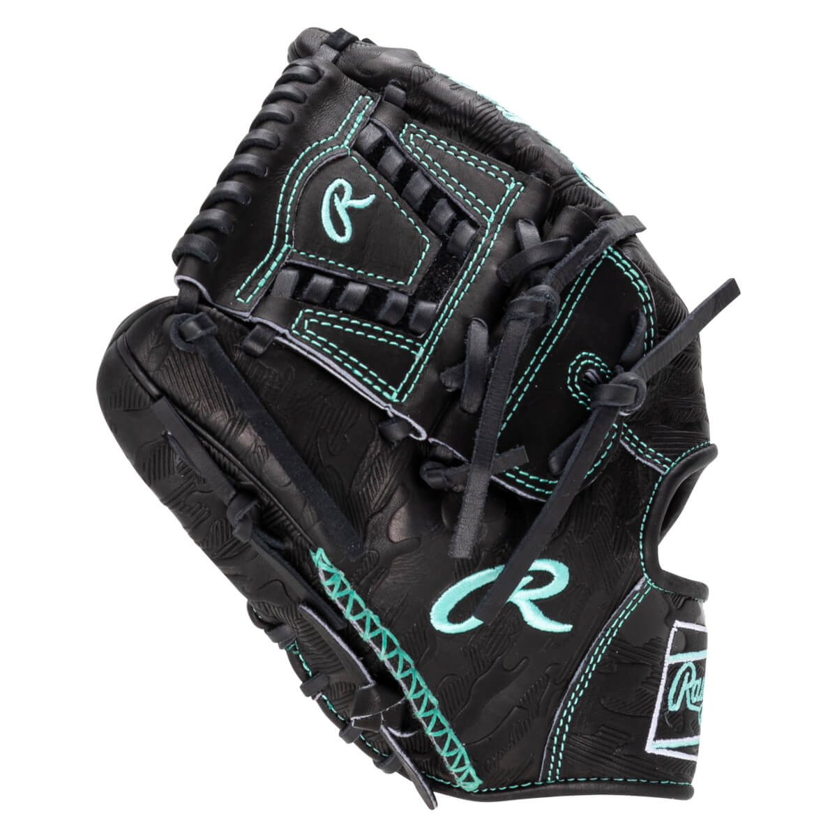 Close-up of a black baseball glove with teal stitching and a teal "R" logo.
