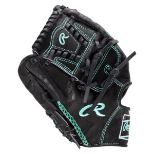 Close-up of a black baseball glove with teal stitching and a teal "R" logo.
