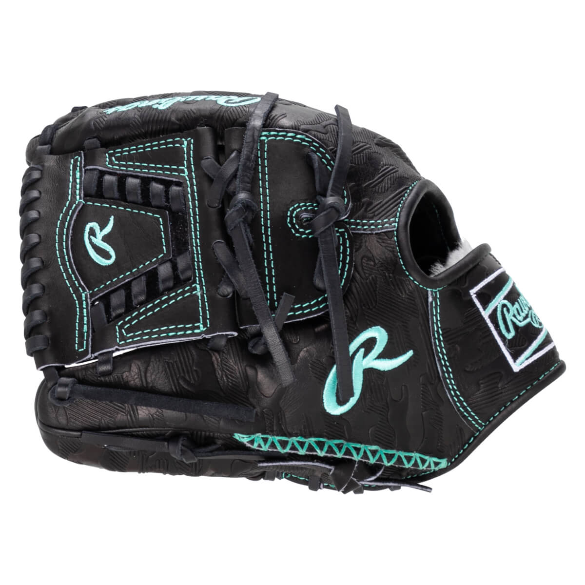 Side view of a black Rawlings baseball glove with teal stitching and a teal "R" logo.