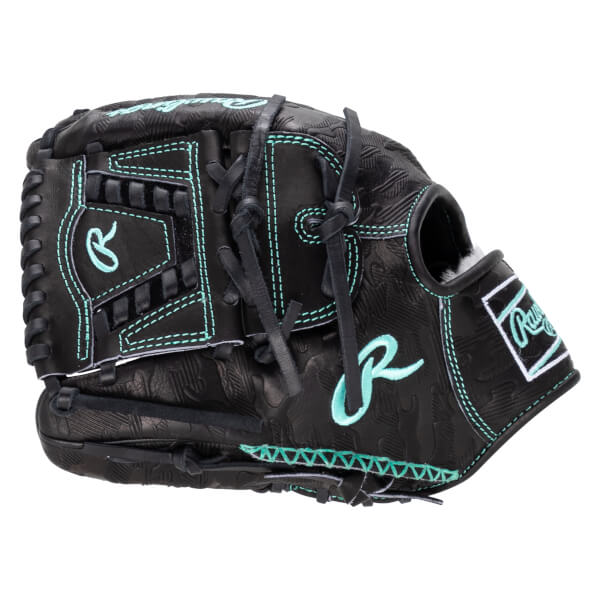 Side view of a black Rawlings baseball glove with teal stitching and a teal "R" logo.