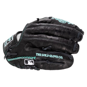 Front view of a black baseball glove with embossed patterns, teal stitching, and "THE GOLD GLOVE CO." text.