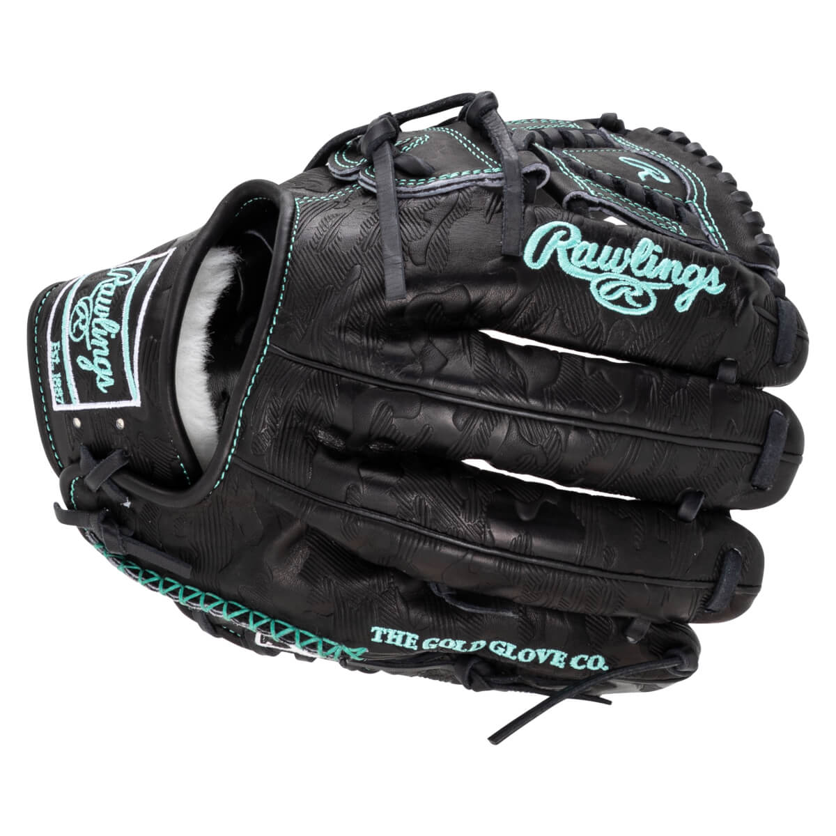 Front view of a black Rawlings baseball glove with teal stitching and embossed leaf pattern, featuring "Rawlings" and "THE GOLD GLOVE CO." text.