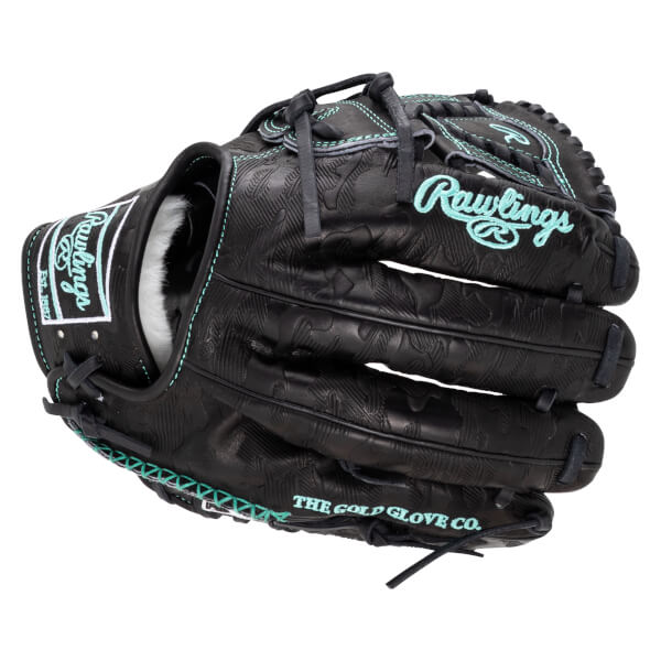 Front view of a black Rawlings baseball glove with teal stitching and embossed leaf pattern, featuring "Rawlings" and "THE GOLD GLOVE CO." text.