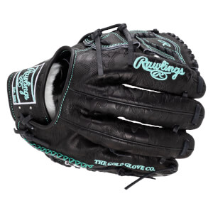 Front view of a black Rawlings baseball glove with teal stitching and embossed leaf pattern, featuring "Rawlings" and "THE GOLD GLOVE CO." text.