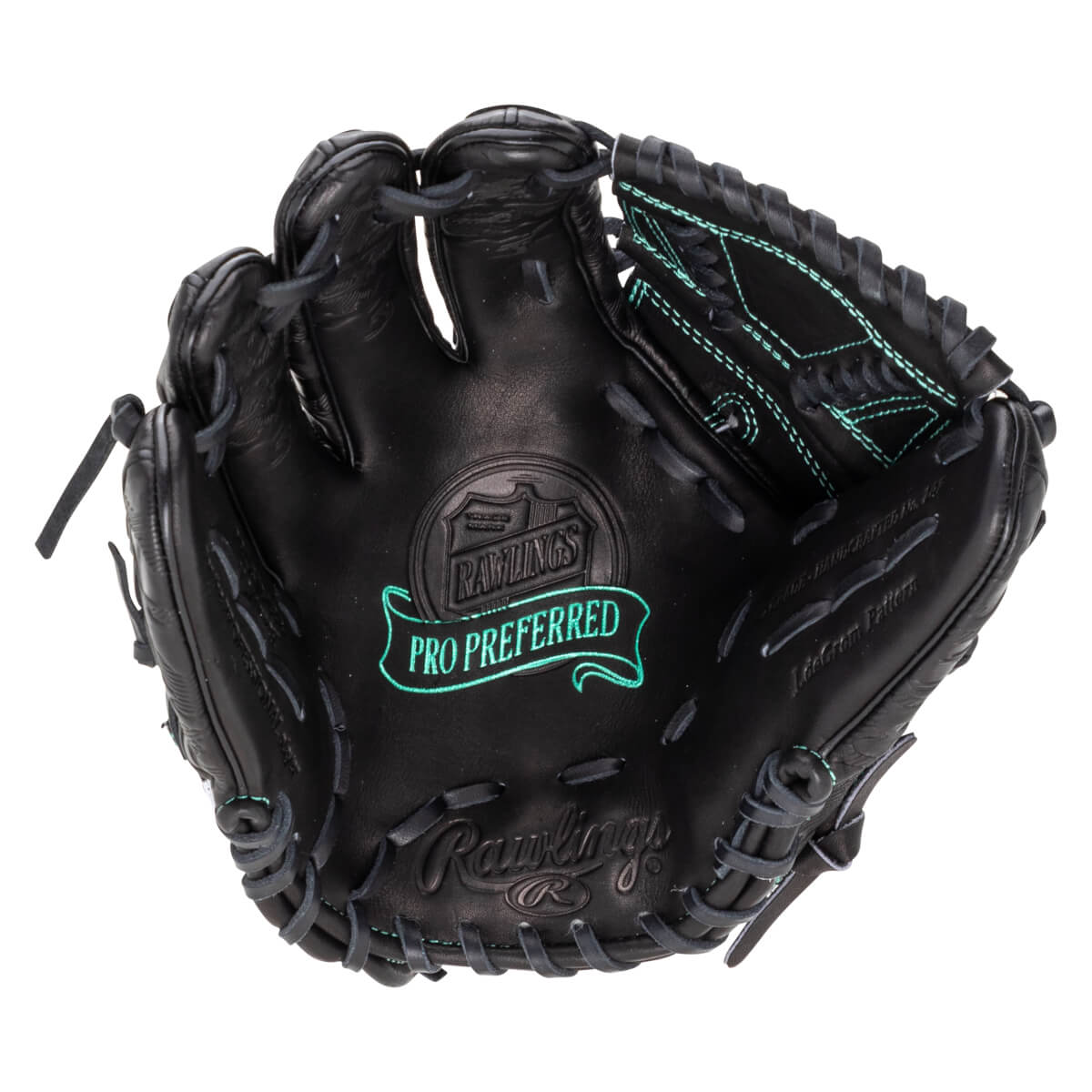Top-down view of a black Rawlings baseball glove with "PRO PREFERRED" stitched in teal.