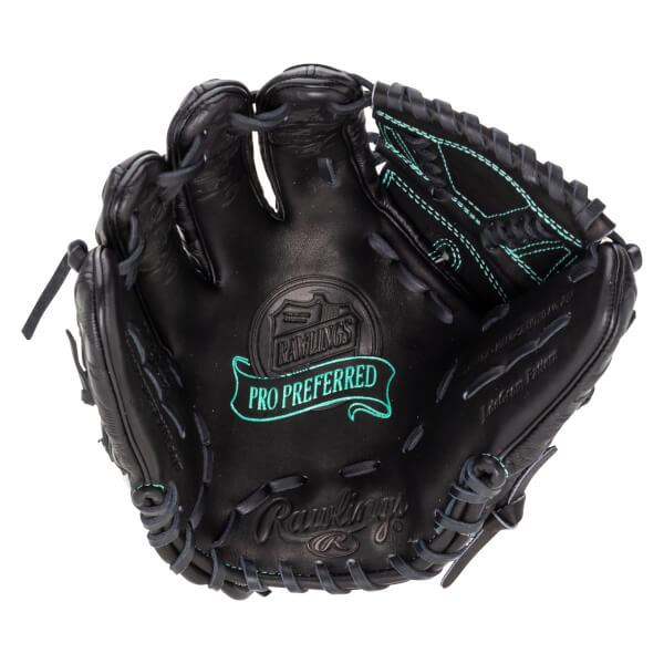 Top-down view of a black Rawlings baseball glove with "PRO PREFERRED" stitched in teal.