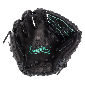 Top-down view of a black Rawlings baseball glove with "PRO PREFERRED" stitched in teal.