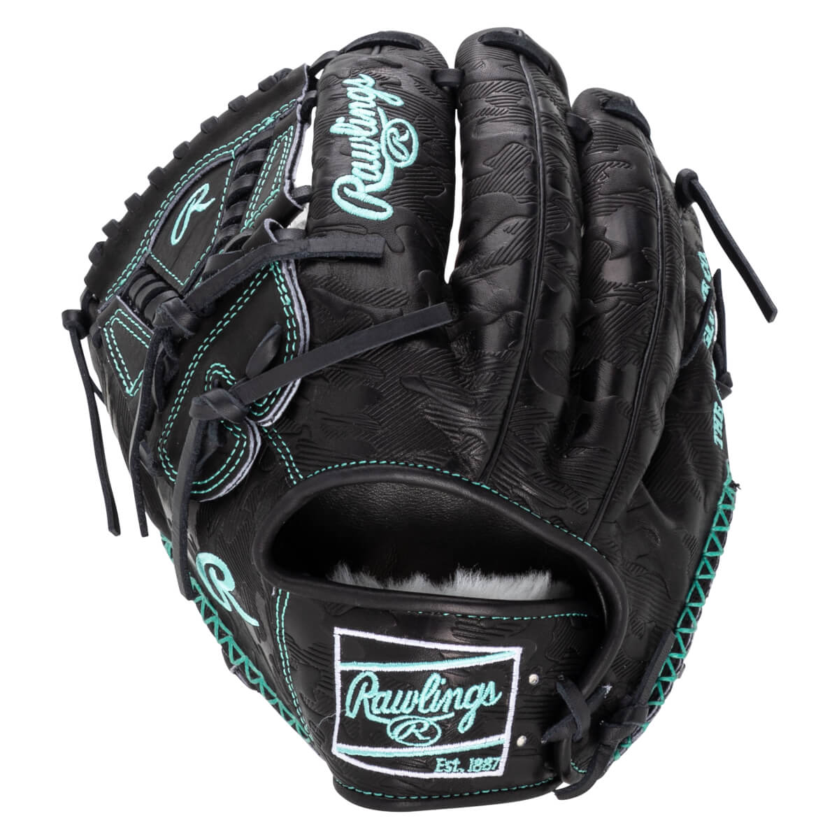 Front view of a black Rawlings baseball glove with teal stitching and embossed pattern.