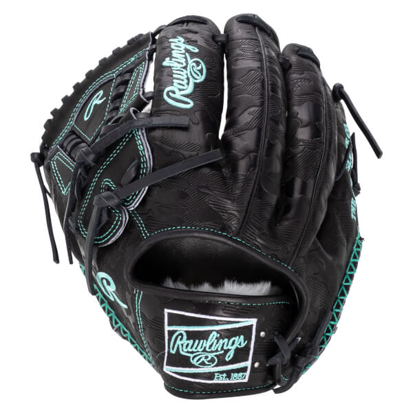 Front view of a black Rawlings baseball glove with teal stitching and embossed pattern.