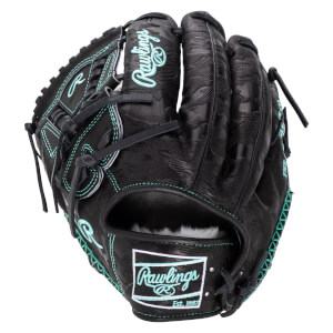 Front view of a black Rawlings baseball glove with teal stitching and embossed pattern.
