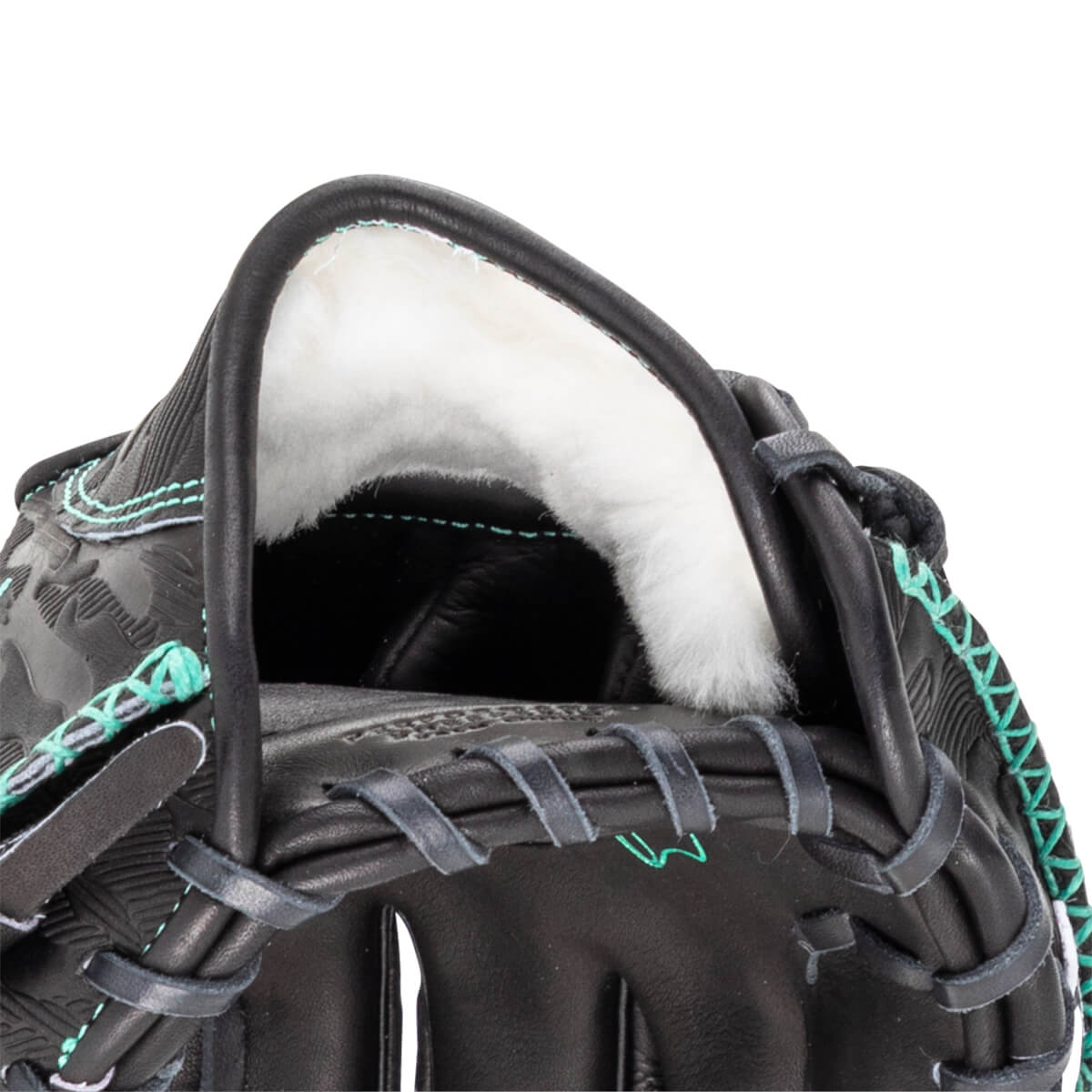 Close-up of a black baseball glove's interior, showing white padding and teal stitching.