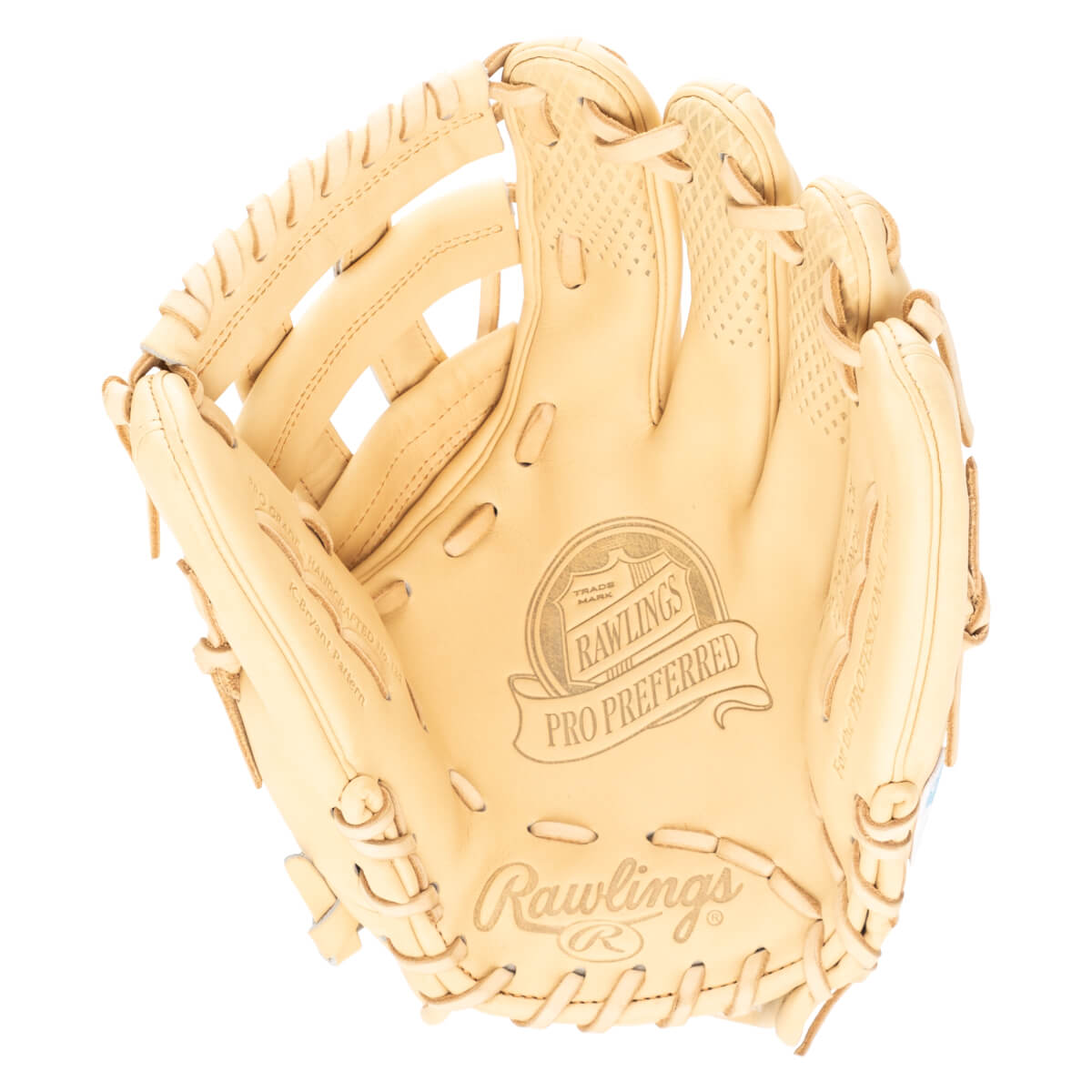 Top-down view of a tan Rawlings Pro Preferred baseball glove with diamond stitching and embossed logos.