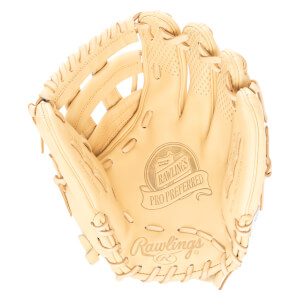 Top-down view of a tan Rawlings Pro Preferred baseball glove with diamond stitching and embossed logos.
