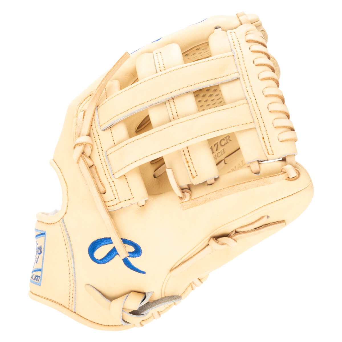 Top-down view of a tan baseball glove with a blue Rawlings "R" logo and "EST. 1887" text.