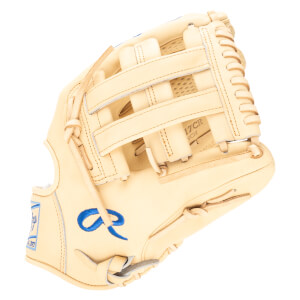 Top-down view of a tan baseball glove with a blue Rawlings "R" logo and "EST. 1887" text.
