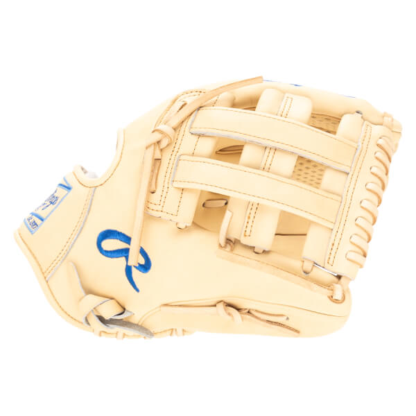 Top-down view of a tan baseball glove with a blue "R" logo and "Rawlings" text.