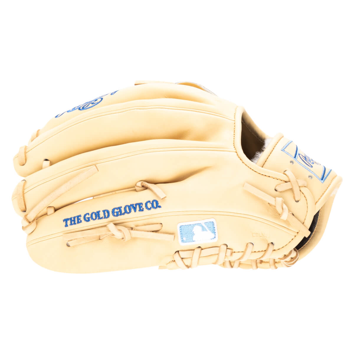 Side view of a tan baseball glove with blue stitching, showing "THE GOLD GLOVE CO." and the MLB logo.