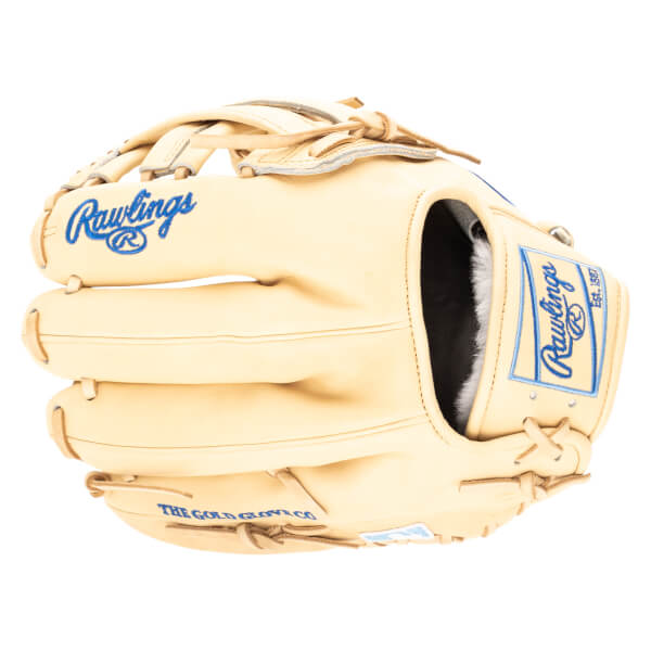 Front view of a tan Rawlings baseball glove with blue embroidered logos and "THE GOLD GLOVE CO." text.