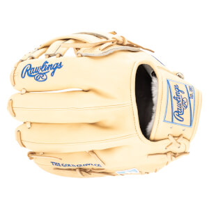 Front view of a tan Rawlings baseball glove with blue embroidered logos and "THE GOLD GLOVE CO." text.