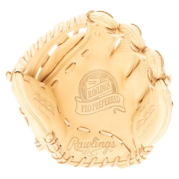 Top-down view of a tan Rawlings Pro Preferred baseball glove with "PRO PREFERRED" and "Rawlings" logos.
