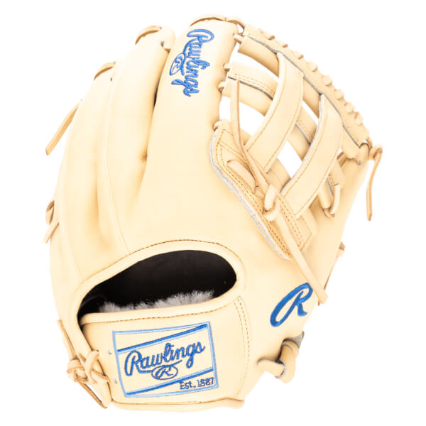 Front view of a tan Rawlings baseball glove with blue stitching and a "Rawlings Est. 1887" patch.