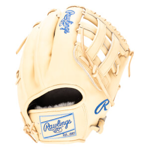 Front view of a tan Rawlings baseball glove with blue stitching and a "Rawlings Est. 1887" patch.