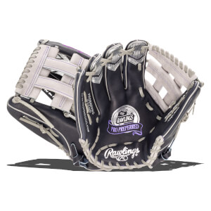 Front view of a navy Rawlings Pro Preferred baseball glove with white lacing and purple stitching.