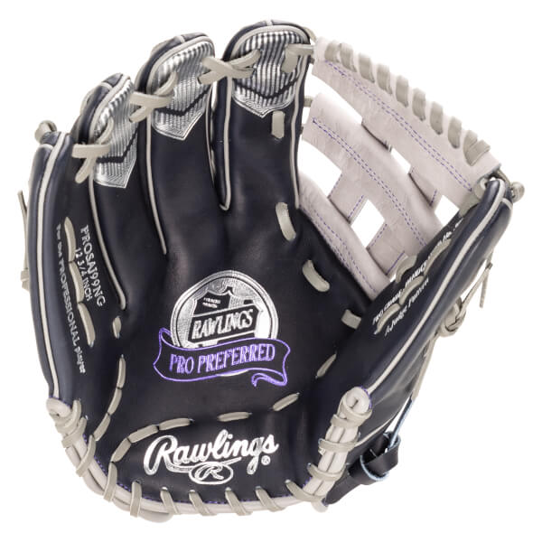 Front view of a navy Rawlings Pro Preferred baseball glove with silver accents and purple stitching.