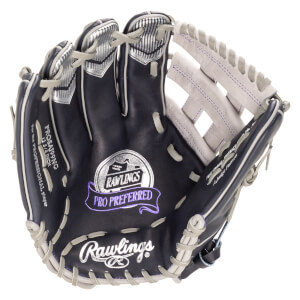 Front view of a navy Rawlings Pro Preferred baseball glove with silver accents and purple stitching.